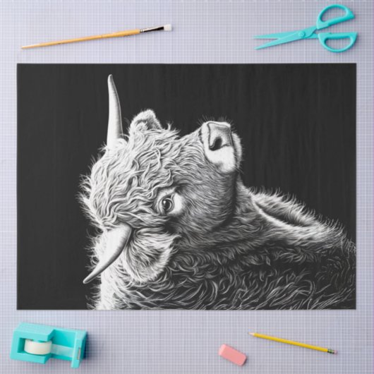 Decoupage Zwart Wit Highland Koe Inkttekening Tissuepapier (Craft)