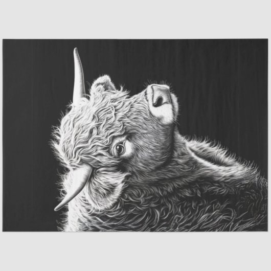 Decoupage Zwart Wit Highland Koe Inkttekening Tissuepapier (Voorkant)
