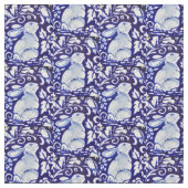 Dedham Blue & White Rabbit, Bird Designer Fabric Stof (Close Up)