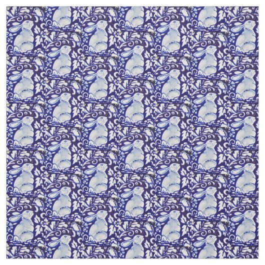 Dedham Blue & White Rabbit, Bird Designer Fabric Stof (Swatch)