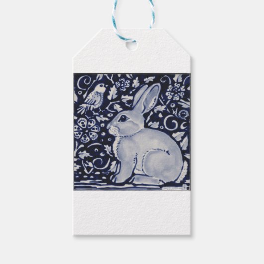 Dedham Blue & White Rabbit Ceramic Tegel Gift Wrap Cadeaulabel (Voorkant)