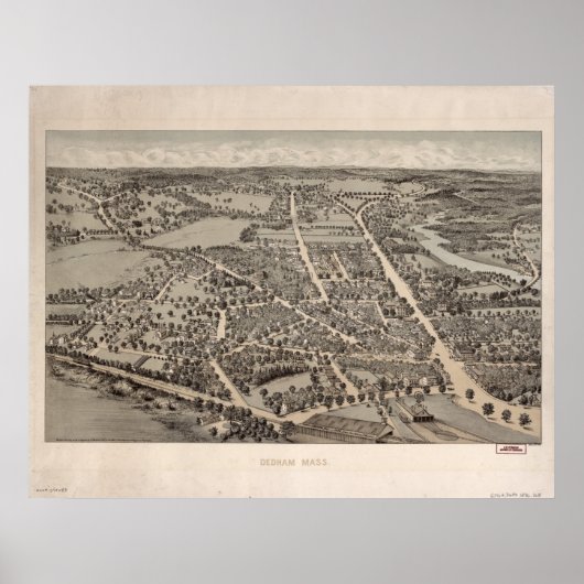 Dedham Massachusetts 1876 Antiek Panoramische Kaar Poster (Voorkant)