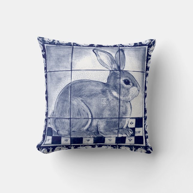 Dedham Rabbit Blue White Bunny Delft Tile Mural Kussen (Voorkant)