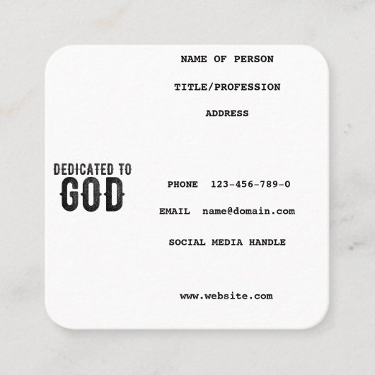 DEDICATED TO GOD  COOL BLACK TEKST CONTACTKAARTJE (Voorkant)