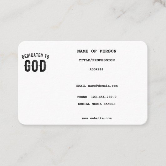 DEDICATED TO GOD COOL BLACK TEKST VISITEKAARTJE (Voorkant)