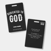 DEDICATED TO GOD  COOL WHITE TEKST BADGE (Voor- en achterkant)