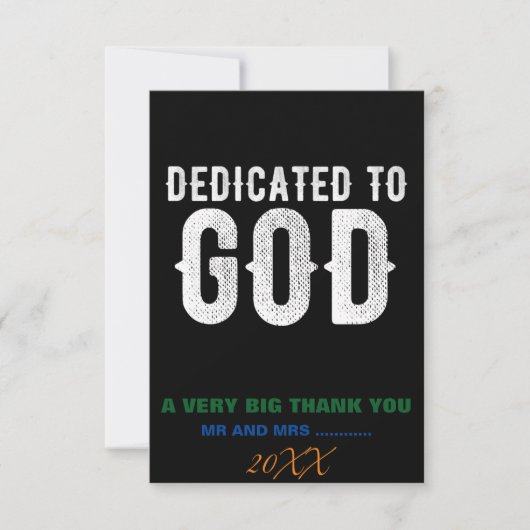 DEDICATED TO GOD COOL WHITE TEKST BEDANKKAART (Voorkant)