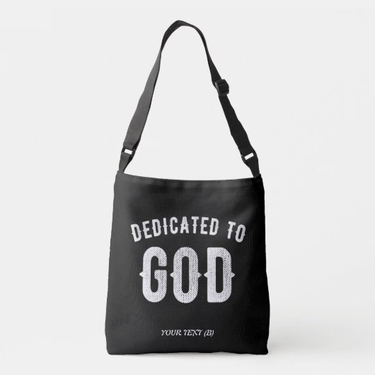 DEDICATED TO GOD  COOL WHITE TEKST CROSSBODY TAS (Achterkant)