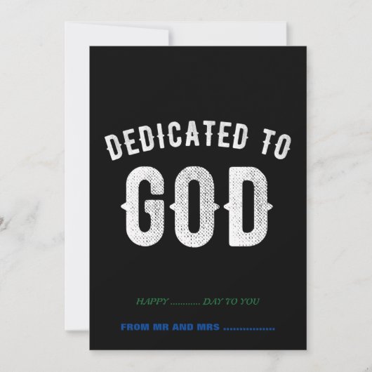 DEDICATED TO GOD  COOL WHITE TEKST FEESTDAGENKAART (Voorkant)