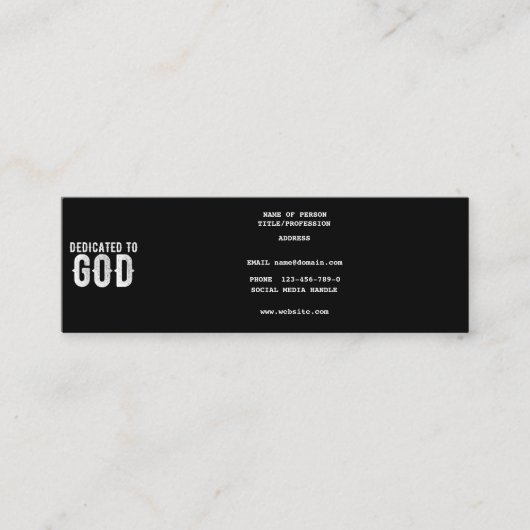 DEDICATED TO GOD COOL  WHITE TEKST MINI VISITEKAARTJE (Voorkant)