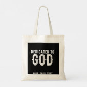 DEDICATED TO GOD COOL WHITE TEKST TOTE BAG (Achterkant)