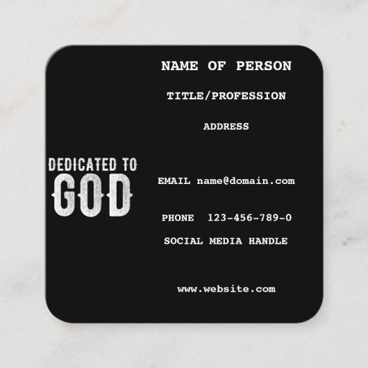 DEDICATED TO GOD COOL  WHITE TEKST VIERKANTE VISITEKAARTJE (Voorkant)