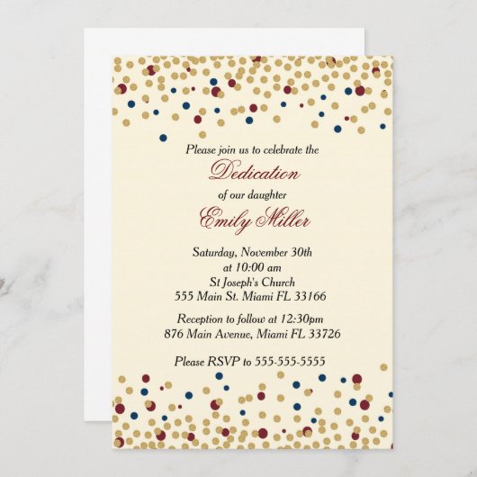 Dedicatie uitnodiging confetti goudblauw rood (Voorkant / Achterkant)