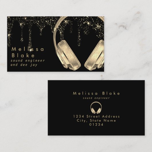 Dee Jay Faux Gold op zwarte glitter druppels Visitekaartje (Voorkant / Achterkant)