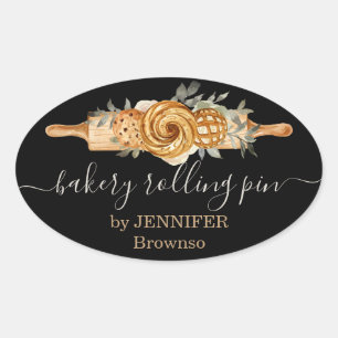 Deegroller Bakkerij Koekjes Broden elegant zwart Ovale Sticker