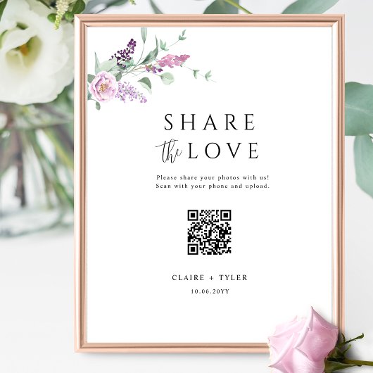Deel de liefde Elegante Paarse bruiloft QR Code Si Poster