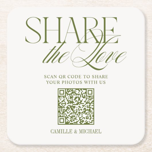 Deel de Liefde QR-code Olijfgroene Trouw Kartonnen Onderzetters (Voorkant)