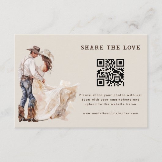 Deel de liefde rustieke Westerne bruiloft QR-code Informatiekaartje (Voorkant)
