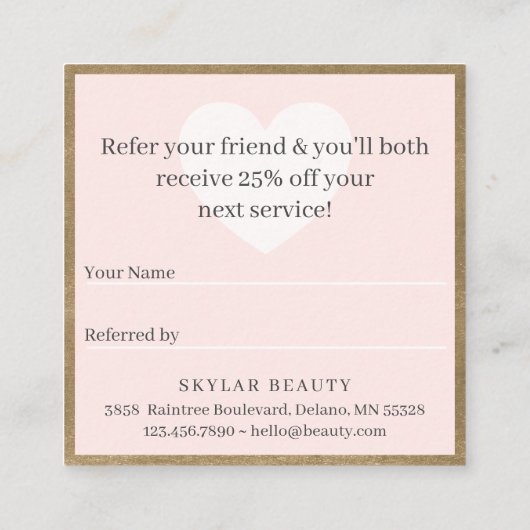 Deel de Love Friend Referral Blush Pink Vierkante Visitekaartje (Achterkant)