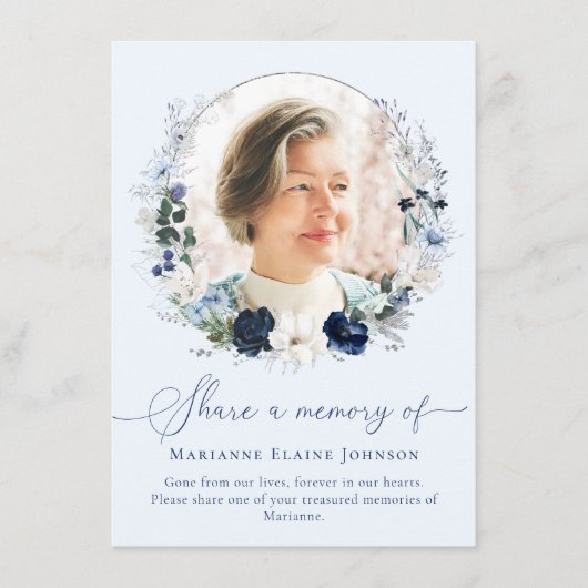 Deel een herinnering Blauwe Bloemen Viering van he Informatiekaartje (Voorkant)