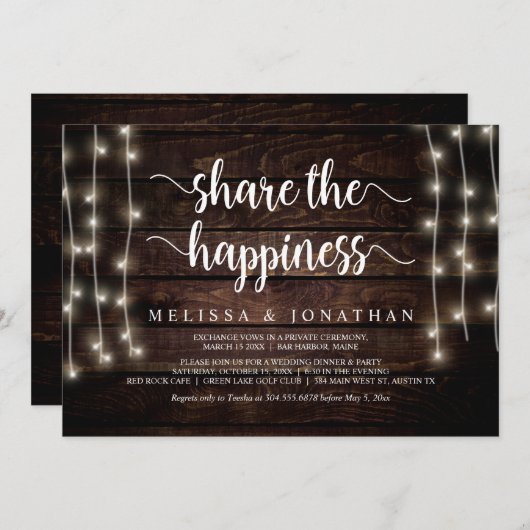 Deel het geluk, Rustieke Elopement Feest Kaart (Voorkant / Achterkant)