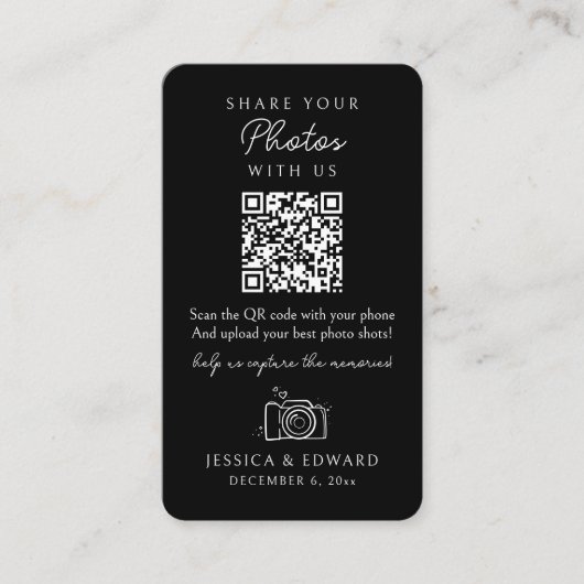 Deel uw foto's Gedenkwaardige QR Code Black Weddin Plaatskaartje (Voorkant)