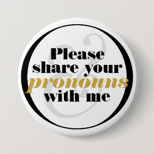 Deel voornaamwoorden zwart wit classy letters ronde button 7,6 cm