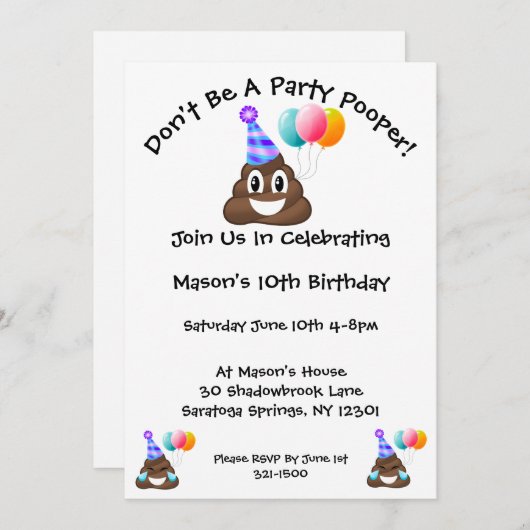 Deelname Poop Emoji Birthday Party Kaart (Voorkant / Achterkant)