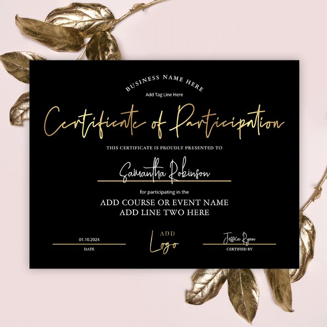 Deelnamecertificaat Black Gold Logo Award (Elegant black and gold Certificate of Participation with space for your logo and custom text)