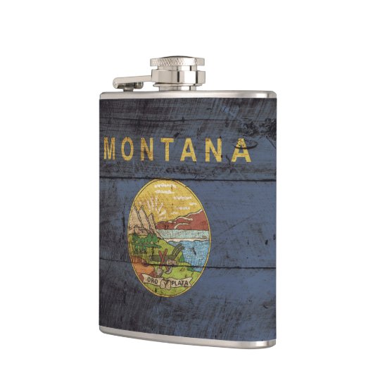 Deelstaat Montana Vlag op oude houten korrels Heupfles (Links)