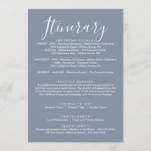 Deeltjesblauw Florals Welkomstbrief en reisroute Programmakaart (Achterkant)