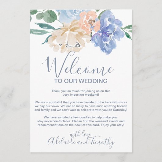 Deeltjesblauw Florals Welkomstbrief en reisroute Programmakaart (Voorkant)