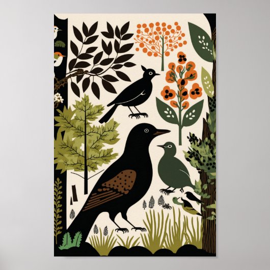Deens Scandinavische vogelbloemenbloem - kunstschi Poster (Voorkant)
