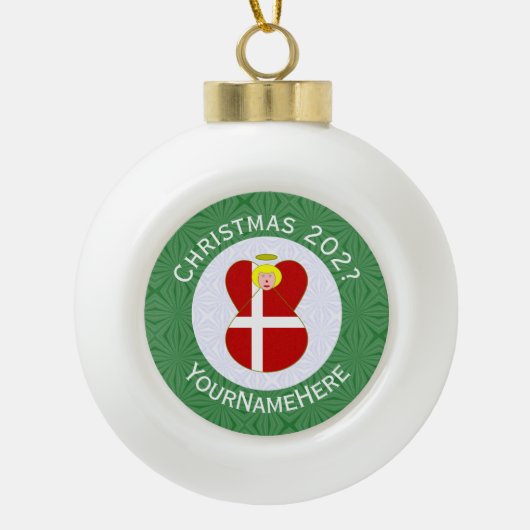 Deense engel kerstvlag gepersonaliseerd keramische bal ornament (Voorkant)