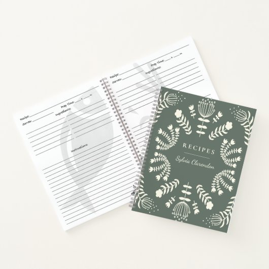 Deense Folk Flowers Sage Green Personalized Recipe Notitieboek (Binnen)