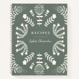 Deense Folk Flowers Sage Green Personalized Recipe Notitieboek