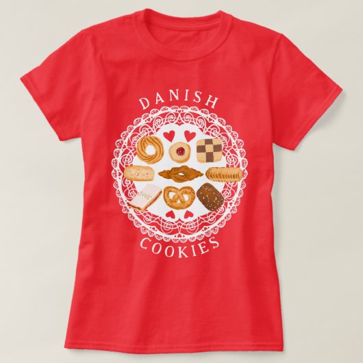 Deense koekjes t-shirt assortiment op doily rood (Design voorkant)