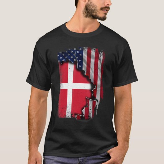 Deense ROOT Half Amerikaanse Vlag Patriottisch Den T-shirt (Voorkant)