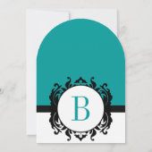 Deep Aqua Damask Monogram Wedding Invite Kaart (Achterkant)