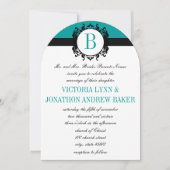 Deep Aqua Damask Monogram Wedding Invite Kaart (Voorkant)