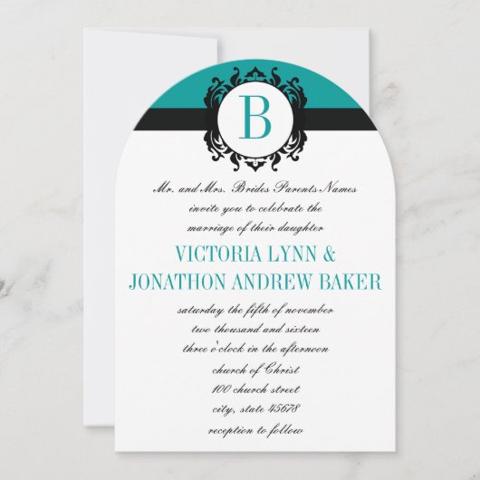Deep Aqua Damask Monogram Wedding Invite Kaart (Voorkant)