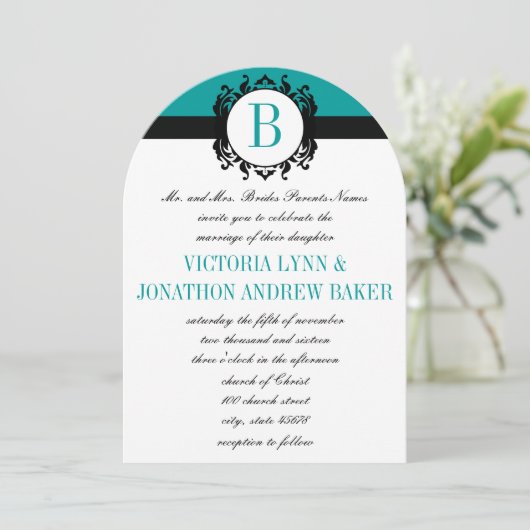 Deep Aqua Damask Monogram Wedding Invite Kaart (Staand voorkant)