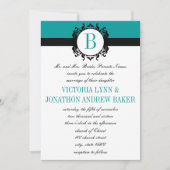 Deep Aqua Damask Monogram Wedding Invite Kaart (Voorkant)