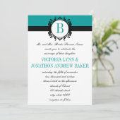 Deep Aqua Damask Monogram Wedding Invite Kaart (Staand voorkant)