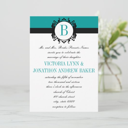 Deep Aqua Damask Monogram Wedding Invite Kaart (Staand voorkant)