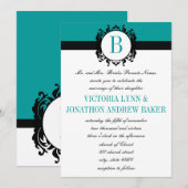 Deep Aqua Damask Monogram Wedding Invite Kaart (Voorkant / Achterkant)