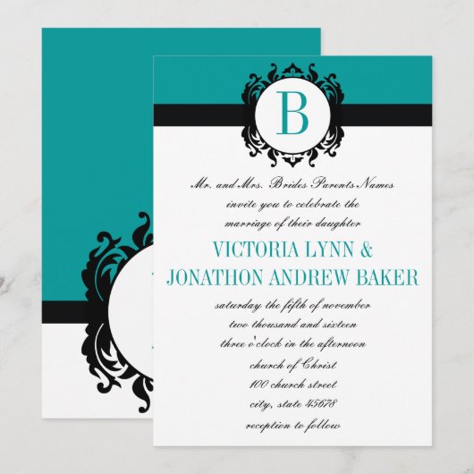 Deep Aqua Damask Monogram Wedding Invite Kaart (Voorkant / Achterkant)
