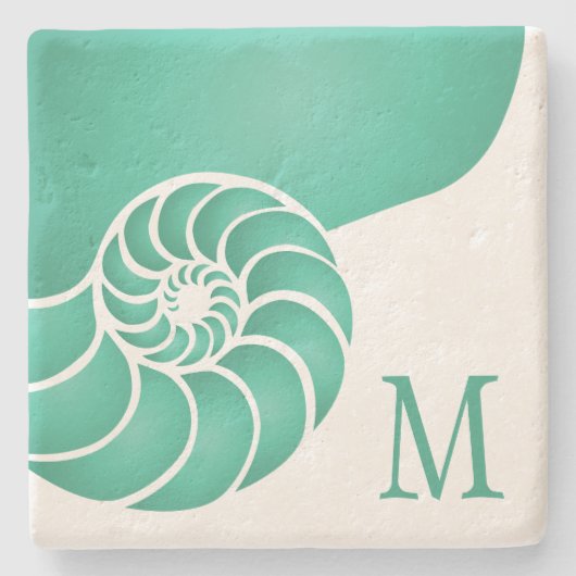 Deep Aqua Nautilus Shell met Monogram Stenen Onderzetter (Voorkant)