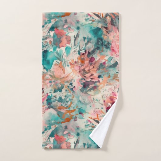 Deep Aqua, Perzik, Mauve Bloemen Abstract Bad Handdoek (Handdoek)