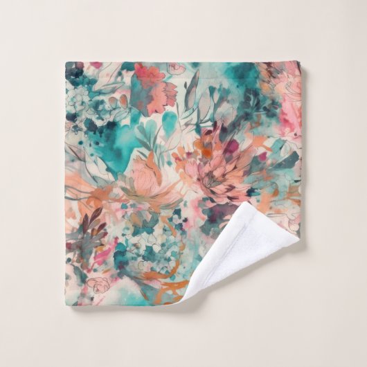 Deep Aqua, Perzik, Mauve Bloemen Abstract Bad Handdoek (Wasdoekje)